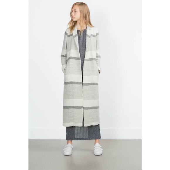 ZARA Striped Woven Duster Long Coat Wool Blend Gray - Picture 1 of 10